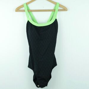 Vintage Size 12 Swimsuit 90s One Piece Neon Green Low Back Black Resort Preppy